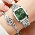 Elegant silver women's quartz watch with green dial and matching rhinestone bracelet - Rectangular Watch Jewelry Set / Silver with Emerald Green Dial