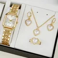 Elegant women's gold quartz watch with matching heart pearl jewelry set in gift box - Rectangular Watch Heart Artificial Pearl Jewelry Set / Gold