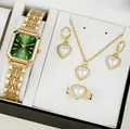 Elegant gold women's watch and heart jewelry gift set with green dial. - Rectangular Watch Heart Artificial Pearl Jewelry Set / Gold Case Green Dial