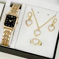 Gold-tone women's watch and heart-shaped pearl jewelry set in a white display box. - Rectangular Watch Heart Artificial Pearl Jewelry Set / Gold Black Dial