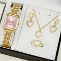 Elegant gold-tone women's watch set featuring white heart necklace, earrings and ring - Rectangular Watch Heart Artificial Pearl Jewelry Set / Gold with Pink Dial