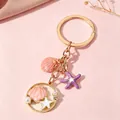 Elegant shell and starfish alloy keychain with pearl and purple star charms - Pink Purple Artificial Pearl Ocean Element Charm (H5111)