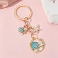 Ocean theme shell starfish keychain with pearls and blue enamel pendant accessory - Cyan Blue Shell Starfish Artificial Pearl (H5109)