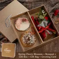 Scented candle gift set with cherry blossom theme, bouquet, box, and bag - Spring Cherry Blossom With Bouquet - Fragrance Gift Box