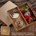 Elegant scented candle gift box with mini bouquet and matching paper bag in gold finish - Winter Warm Pine With Bouquet - Fragrance Gift Box