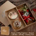Scented candle gift set with bouquet and amber glass lid in elegant gold box - Dreamy Milky Scents With Bouquet - Fragrance Gift Box