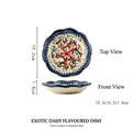 Vintage exotic daisy ceramic saucer dish with detailed dimension markings shown from two views - Sauce Dish