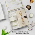 Elegant BP-05 gift set featuring a bamboo glass cup, fabric notebook and golden key pen - Glass Cup + Notebook + Key Pen Set (BP-05) / White