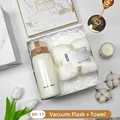 Elegant white vacuum flask and face towel gift box set with marble texture lid - White Bp-17