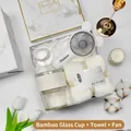 Gift box set including mini handheld fan, glass water cup, and soft white face towel - Glass Cup + Towel + Handheld Fan Set (BP-01) / White