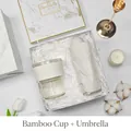 Elegant gift set featuring a bamboo glass cup and umbrella in a white marble box - Glass Cup + Umbrella Set (BP-04) / White