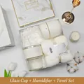Elegant minimalist white gift set featuring a humidifier, glass cup, and soft towel - Glass Cup + Humidifier + Towel Set (BP-07) / White