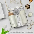 Summer gift set featuring insulated flask, mini fan, and folding umbrella in a box - Thermos + Handheld Fan + Umbrella Set (BP-13) / White