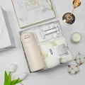 Elegant gift set with beige thermos, white towel, and phone stand in marble box - Pea Thermos + Towel + Phone Stand Set (BP-19) / White