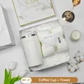 Elegant white gift set including a matte coffee tumbler and soft plush face towel - Coffee Cup + Towel Set (BP-27) / White