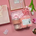 Pink gift set with handheld fan, glass cup, and fluffy towel in marble gift box - Crown Fan + Glass Cup + Towel Set (FP-01) / Pink