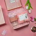 Pink gift set featuring a glass cup and plush towel in a marble pattern box - Glass Cup + Towel Set (FP-02) / Pink