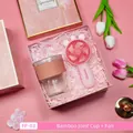 Pink souvenir gift set featuring a bamboo-style glass cup and portable handheld fan - Glass Cup + Straw + Handheld Fan Set (FP-03) / Pink