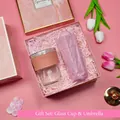 Elegant pink gift set featuring a glass cup and a matching umbrella in a box. - Glass Cup + Folding Umbrella Set (FP-04) / Pink