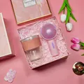 Elegant pink gift set featuring a bamboo-joint glass cup and a portable mini fan - Glass Cup + Pink Mini Fan Set (FP-05) / Pink