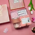 Elegant pink gift set featuring a glass cup, towel, and phone stand in marble box - Glass Cup + Square Towel + Phone Stand Set (FP-08) / Pink