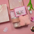 Elegant pink gift set including glass cup, fluffy towel and peach steam eye mask - Glass Cup + Towel + Steam Eye Mask Set (FP-10) / Pink