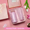 Elegant pink gift set including an insulated thermos bottle and compact umbrella - Thermos + Umbrella Set (FP-14) / Pink