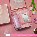 Elegant pink gift set featuring a stainless steel vacuum flask and a soft face towel - Thermos + Towel Set (FP-16) / Pink
