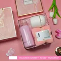 Premium pink gift box set with vacuum flask, desktop humidifier, and soft face towel - Thermos + Humidifier + Towel Set (FP-18) / Pink