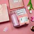 Elegant pink gift set including insulated thermos, soft towel, and folding phone stand - Thermos + Towel + Phone Stand Set (FP-19) / Pink