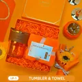 Exquisite festive orange gift set featuring an amber bamboo glass cup and soft coral towel - Amber Glass Cup + Towel Set (LP-01) / Orange