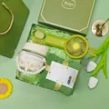 Elegant green gift set featuring a mini rabbit fan, pearl glass cup, and soft towel - Fan + Pearl Cup + Towel Set (LP-30) / Green