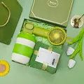 Green gift set including dual-drink cup, soft towel, and portable fan for events - Dual-drink Cup + Towel + Fan Set (LP-33) / Green