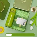 Elegant green insulated vacuum bottle and soft towel gift set in a matching gift box - Thermos + Towel Set (LP-35) / Green