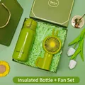Green gift set including a stainless steel thermos and rabbit handheld fan for events - Thermos + Fan Set (LP-36) / Green