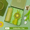 Green gift set featuring a portable rabbit-ear fan and a matching umbrella. - Umbrella + Fan Set (LP-37) / Green