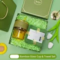 Elegant gift box set featuring a bamboo-shaped glass cup and a soft green towel - Bamboo-Shaped Cup + Towel Set (LP-01) / Green