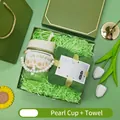 Elegant gift set featuring a glass cup with pearl handle and a soft green towel - Artificial Pearl Cup + Towel Set (LP-02) / Green