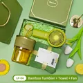 Green corporate gift set with bamboo glass cup, towel, and portable fan in a gift box - Bamboo Cup + Towel + Fan Set (LP-04) / Green