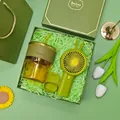 Green gift set with bamboo-style glass cup and portable rabbit fan - Bamboo Cup + Fan Set (LP-05) / Green