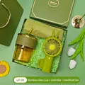 Green gift set with bamboo glass cup, folding umbrella, and rabbit handheld fan. - Bamboo Cup + Umbrella + Fan Set (LP-06) / Green