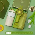 Green gift set featuring smart temperature cup, rabbit ear fan, and folding umbrella - Smart Temp Display Cup + Umbrella + Fan Set (LP-07) / Green