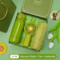 Premium avocado green gift set including stainless thermos, rabbit fan and umbrella - Thermos Cup + Fan + Umbrella Set (LP-08) / Green
