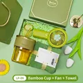 Elegant green gift set featuring bamboo glass cup, portable fan, and matching towel - Bamboo Cup + Fan + Towel Set (LP-09) / Green