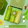Green gift set including thermos flask, portable fan and umbrella in a box - Thermos Cup + Fan + Umbrella Set (LP-12) / Green