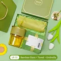 Elegant green gift set with bamboo-joint glass cup towel and folding umbrella - Bamboo Cup + Towel + Umbrella Set (LP-13) / Green