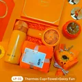 Premium orange gift set with stainless steel thermos, flower fan, and plush towel - Thermos + Towel + Daisy Fan Set (LP-33) / Orange