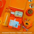 Orange gift box set including vacuum flask, goat milk hand cream and plush bath towel - Thermos + Hand Cream + Bath Towel Set (LP-34) / Orange