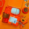 Orange gift set with bamboo-textured cup, coral fleece towel and mini humidifier. - Bamboo Cup + Towel + Humidifier Set (LP-11) / Orange
