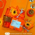 Orange gift set with amber glass tumbler, towel, and sunflower bouquet in a box. - Bamboo Cup + Towel + Bouquet Set (LP-14) / Orange
